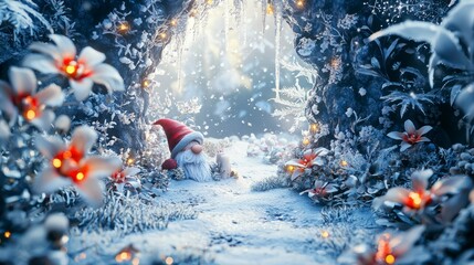 Charming Christmas Gnome Peering from a Winter Wonderland with Snowflakes, Flowers, and Twinkling Lights in a Magical Fantasy Scene
