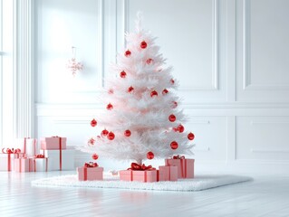 Fototapeta premium A serene white Christmas tree adorned with red baubles stands elegantly in a minimalist room. Wrapped gifts surround the tree, evoking a festive yet tranquil atmosphere.