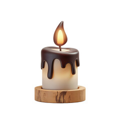 A 3D render of a cartoon-style burning candle. The candle is on a wooden base. The candle is lit and has a flickering flame. The background is transparent. The image has a minimalist style.