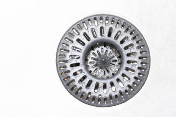 Wet sieve in the kitchen sink. Filtering solids. Pipe clearance background. Plumber theme copy...