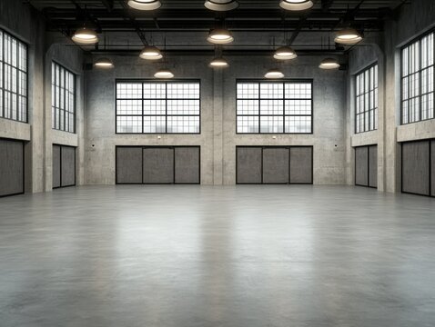 A spacious, empty gym interior features large windows and industrial lighting, creating a clean, minimalistic feel with a polished concrete floor. - Powered by Adobe