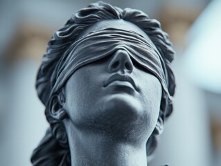 A detailed close-up of a blindfolded Lady Justice statue, symbolizing impartiality, with soft lighting highlighting the textured surface.