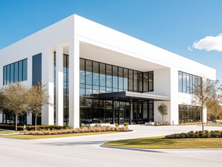 A modern, minimalist two-story industrial building with extensive glass windows and a clean white facade under a clear blue sky.