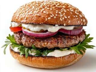 A delicious hamburger with a juicy beef patty, fresh arugula, red onion, tomato, and creamy sauce, all sandwiched between a sesame seed bun.