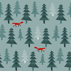 Seamless pattern with fox in the forest. 