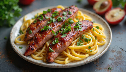 Fototapeta premium Delicious grilled salmon fillets served on pasta with herbs and fresh garnish on a rustic plate
