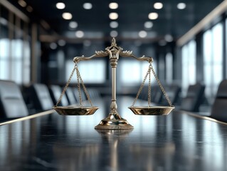 A decorative brass scale of justice sits majestically on a polished table, with a background of a modern, dimly-lit conference room.