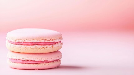 Pastel cookies idea. Delicious pink macarons stacked on a soft pink background.