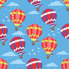 This seamless vector art design showcases vibrant hot air balloons with intricate patterns and colors, floating in a serene sky. Perfect for backgrounds, wallpapers, or whimsical illustrations.
