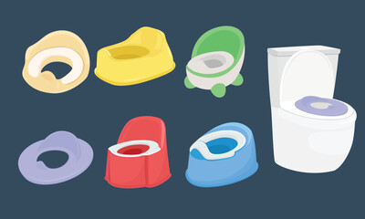 Baby potty vector set in cartoon style with different shapes and colors. Children toilet. Lavatory potty. Baby toilet. Hygiene pot. Baby element flat vector isolated on dark background.
