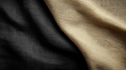 The image features a close-up of textured fabric, showcasing a dramatic contrast between black and gold materials.