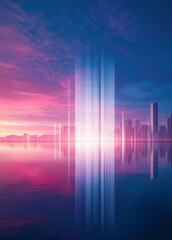 Fototapeta premium Futuristic Urban Elegance Serene Blue Horizons with Skyscraper Reflections for Modern Property Launch Aesthetic City Landscape Banner Abstract Lines Background