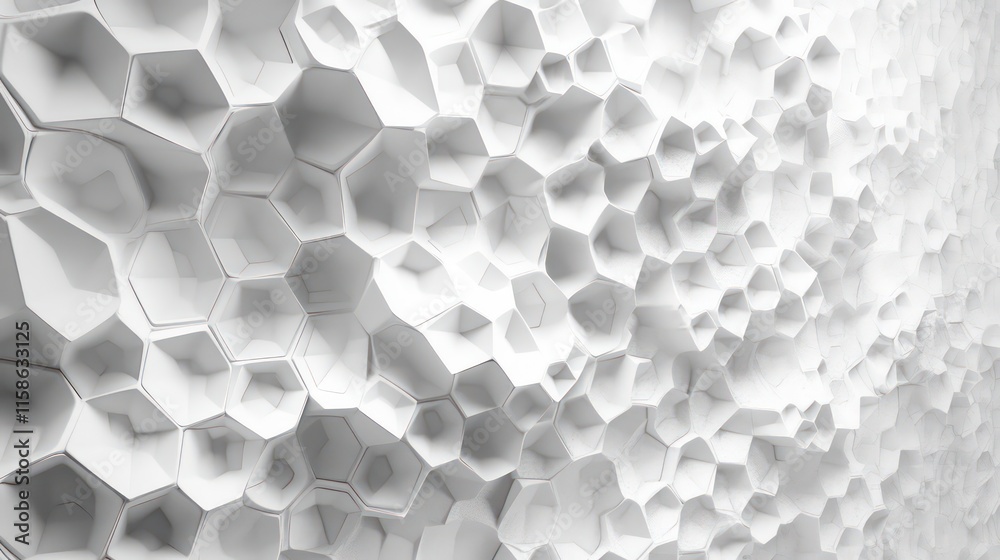Poster Abstract white geometric textured surface, 3D rendering of a complex pattern with irregular shapes and cavities.