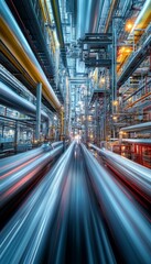 Fototapeta premium Industrial Powerhouse, Futuristic Factory Interior with Dynamically Blurred Pipes and Silhouettes