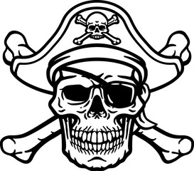 A pirate skull and crossbones jolly roger grim reaper cartoon wearing captain a hat and eye patch
