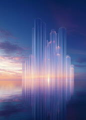 Fototapeta premium Futuristic Urban Elegance Serene Blue Horizons with Skyscraper Reflections for Modern Property Launch Aesthetic City Landscape Banner Abstract Lines Background