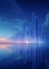 Fototapeta premium Futuristic Urban Elegance Serene Blue Horizons with Skyscraper Reflections for Modern Property Launch Aesthetic City Landscape Banner Abstract Lines Background