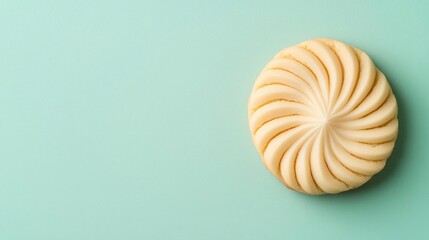 Pastel cookies concept. A deliciously decorative pastry with a spiral design on a mint green background.