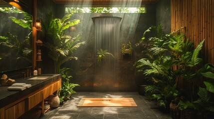 Luxurious outdoor shower with tropical plants and wooden accents.