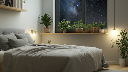 A serene bedroom with natural elements and a starry window view, symbolizing restful and healthy sleep habits.