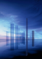 Fototapeta premium Futuristic Urban Elegance Serene Blue Horizons with Skyscraper Reflections for Modern Property Launch Aesthetic City Landscape Banner Abstract Lines Background