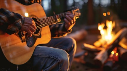 Obraz premium Male adult playing acoustic guitar by a campfire at night