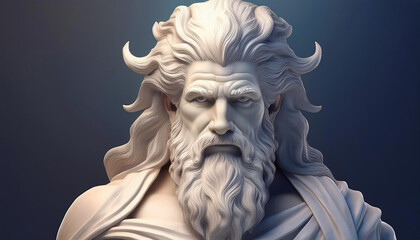 Fototapeta premium 3D white sculpture of Zeus, the Greek god of thunder, featuring intricate details of flowing hair and a majestic beard, smooth texture and minimalist design create a powerful and divine impression
