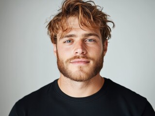 Fototapeta premium A close-up portrait of a man with tousled hair and a beard, smiling gently against a neutral background. His expression is relaxed and approachable.