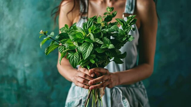 close-up of a woman holding spearmint flowers in her hands. Selective focus