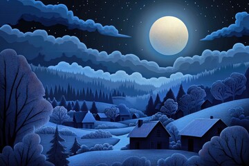 Fototapeta premium A glowing moonlit night over a quiet village in a layered paper - cut style