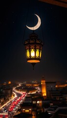 A large, vibrant lantern with a glowing light hanging above a serene cityscape at night during Ramadan. The lantern's detailed design and warm light create a cozy atmosphere, while the busy, illuminat