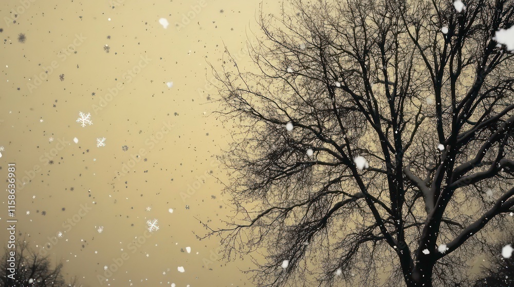 Poster snow falling on a leafless tree against a muted yellow sky.