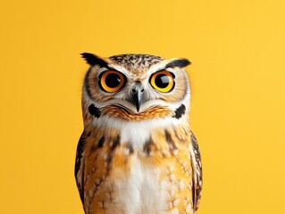 Fototapeta premium A studio portrait of a surprised owl with bright, wide eyes against a vivid yellow background. The owl's feathers are detailed and expressive.