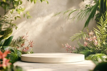 Natural display platform amid lush greenery and vibrant flowers in a serene environment
