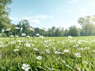 A beautiful sunny spring meadow with green grass and delicate white flowers under a clear blue sky, evoking a serene and tranquil atmosphere.