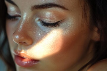 Naklejka premium Close-up of a woman\'s face showcasing radiant skin illuminated by soft sunlight in a serene indoor setting