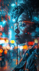 Woman gazes thoughtfully at vibrant city lights during evening exploration of urban culture