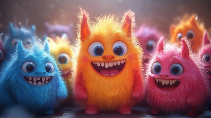 Obraz premium Happy colorful furry monsters group.