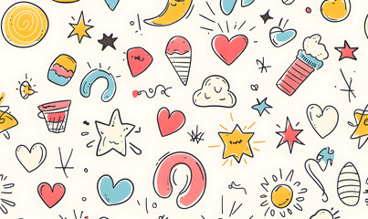 A drawing of many different shapes and colors, including hearts, stars