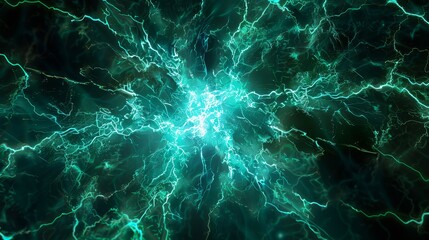 Obraz premium Vivid display of electric energy surging through a dark background with glowing turquoise lightning patterns