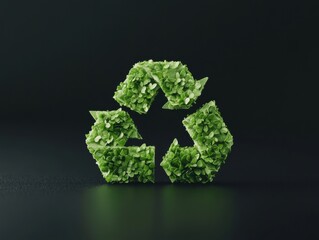 A green triangular recycle sign made of lush green foliage on a dark background, symbolizing eco-friendly and sustainable practices.