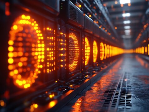 Illuminated server racks in a data center.