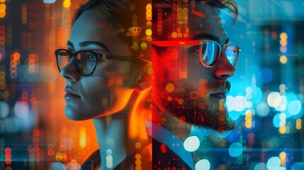 Technology and innovation personified through contrasting profiles of a man and woman in a digital landscape