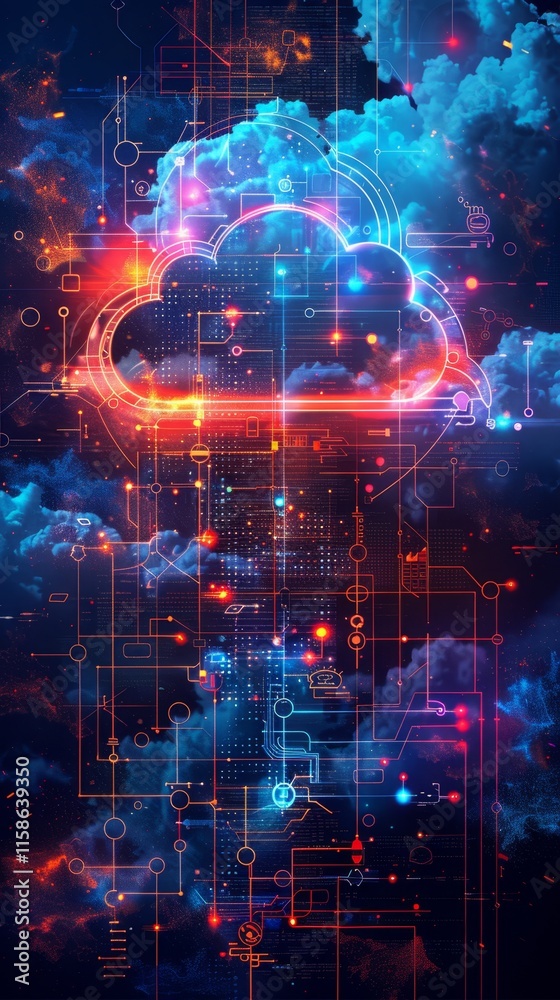 Poster digital cloud network with vibrant colors and intricate circuit patterns in deep space
