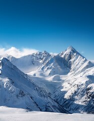 Pristine snow-covered mountains under a clear winter sky, featuring frosted peaks and icy landscapes, ideal for travel ads and seasonal designs