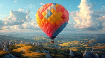Obraz premium Colorful hot air balloon soaring over scenic autumn landscape.