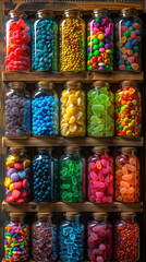 variety of Rainbow Candy, sorted in glass bottle on the Wooden rackor