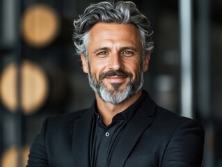 Obraz premium A confident businessman with salt-and-pepper hair smiles warmly, dressed in a black suit against a blurred office background.