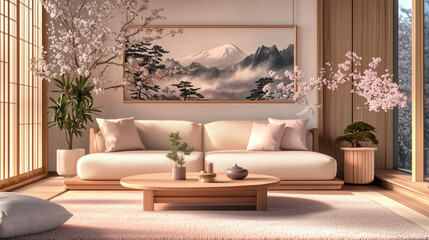 Fototapeta premium Japanese-inspired living room with cherry blossoms, bonsai trees, minimalist decor, soft light, and warm tones.