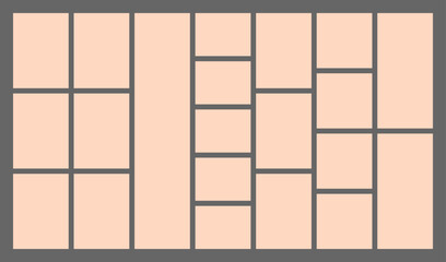 Dimensions 16x9 trendy bento grid layout style brick Ui UX templates. Web comic grids with right angles. Different panel layouts with y2k and brutal shapes tiles of different sizes Vector illustration